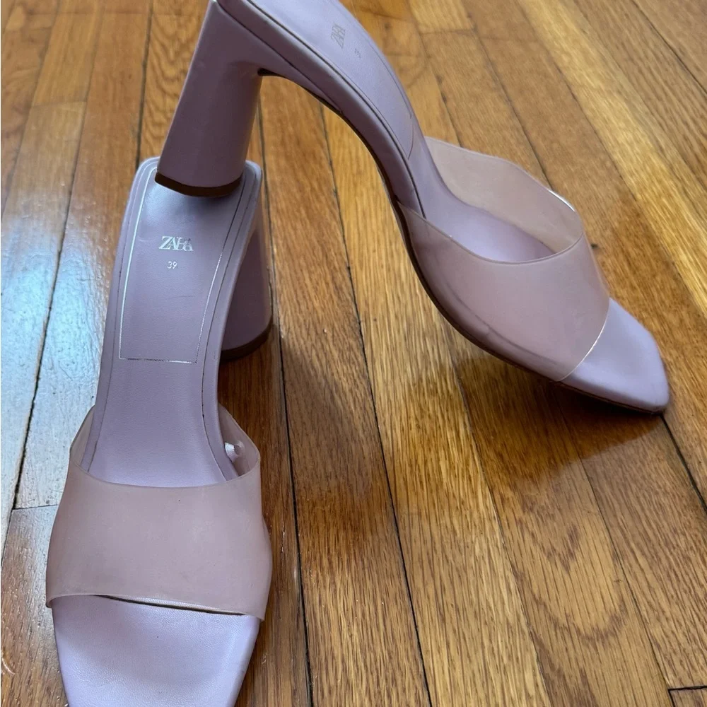 Zara Blush pink translucent front square toe block Heel sandals wedge, size 8.5